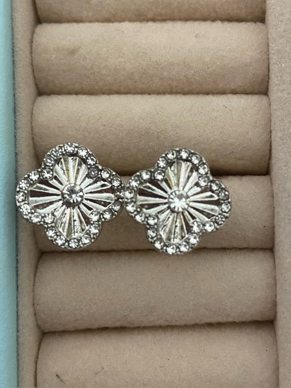 Silver Floral Crystal Stud Earrings - Women's Jewelry